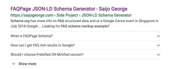 Screenshot of a sample FAQ Schema Markup Represented as Google Rich Snippet